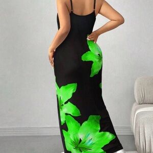 SHEIN Black and Neon Green Floral Maxi Dress, fits like 16 W to 18  W